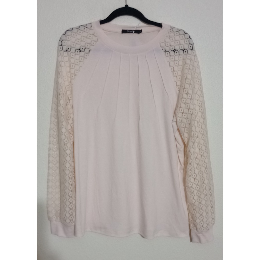 Sunbs Womens XL Pink Long Sleeve Crochet Lace Raglan Pleated Blouse WFWA0012 NEW
